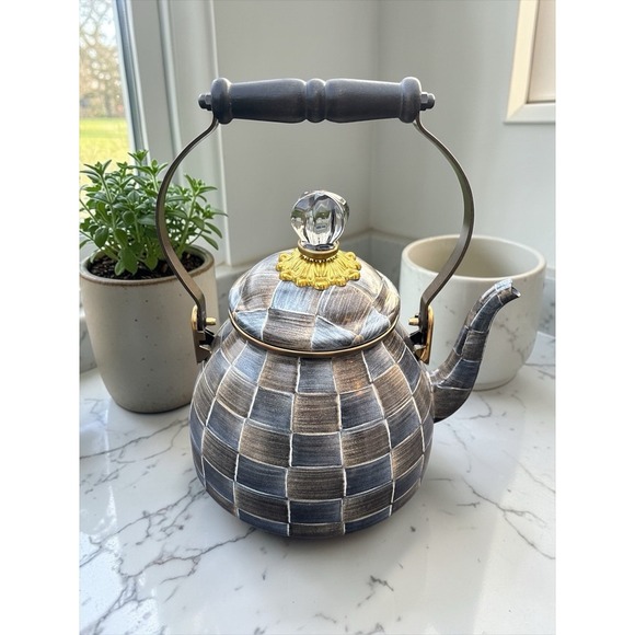 Mackenzie Childs SophistiCheck 2qt Ceramic Tea Pot Checkered Boho EUC